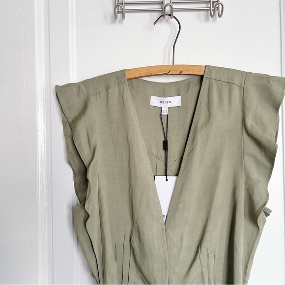 REISS • Emma Plunge Frill Shoulder Dress green midi button front tie waist belt - Picture 4 of 14